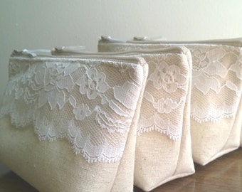 Bridesmaid Make Up Bag, Rustic Wedding, Linen and Lace Bridesmaid Clutch, Clutches Set of 8