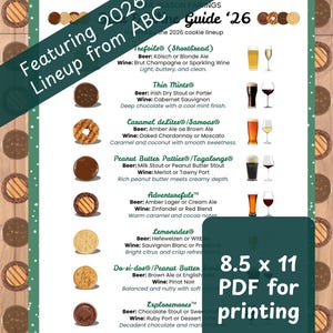 Peut inclure: Un guide présentant la gamme de biscuits ABC 2026, avec des accords bières et vins. Le guide comprend des images de biscuits et de boissons. Le texte indique "8.5 x 11 PDF pour l'impression".