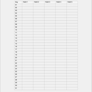 May include: A 31-day habit tracker with a grid layout. The top of the page reads "31 DAY HABIT TRACKER". The grid is divided into columns for each habit and rows for each day of the month, providing space to track progress.