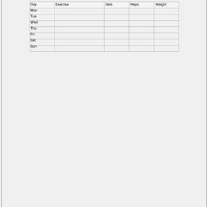 May include: A workout log titled "WEEK 4 WORKOUT LOG" with sections for Day, Exercise, Sets, Reps, and Weight. The log includes spaces for Monday through Sunday, designed for tracking fitness progress.