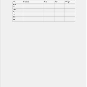 May include: A white workout log with the text "WEEK 5 WORKOUT LOG" at the top. The log includes columns for Day, Exercise, Sets, Reps, and Weight, with rows for each day of the week.