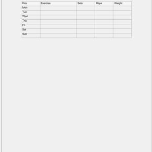 May include: A white workout log with the text "WEEK 12 WORKOUT LOG" at the top. The log includes columns for Day, Exercise, Sets, Reps, and Weight, with rows for each day of the week.