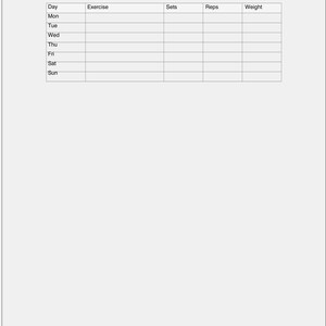 May include: A workout log titled "WEEK 8 WORKOUT LOG" with columns for Day, Exercise, Sets, Reps, and Weight. The days of the week are listed, with space to record workout details. The background is a light gray.