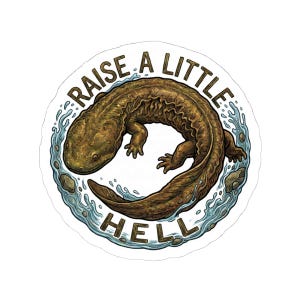 May include: A circular sticker with a detailed illustration of a brown salamander in water, with rocks and water splashes. The text "RAISE A LITTLE HELL" is written in a semi-circle around the salamander.