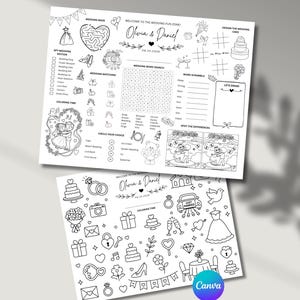 May include: Two white activity sheets with black line art for weddings. The top sheet features a maze, word search, word scramble, and tic-tac-toe. The bottom sheet displays various wedding-themed icons like cakes, rings, and gifts. Both sheets include the text Olivia & Daniel 08.24.2024.