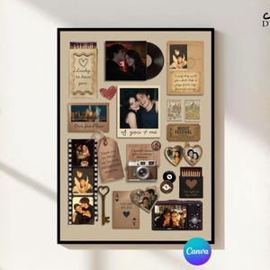 May include: A collage poster featuring various vintage-style elements including photographs of a couple, a film strip, a camera, a key, a matchbox with the text Lucky to have you, and a playing card with the text You are my ace on a beige background.