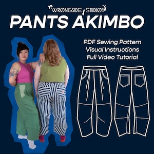 May include: Image shows two people wearing trousers, alongside a sewing pattern illustration. Text reads "PANTS AKIMBO" and "PDF Sewing Pattern, Visual Instructions, Full Video Tutorial." The trousers are green and striped.