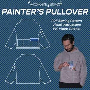 May include: A grey Painter's Pullover, with a pocket, is shown in a photo. The image includes a diagram of the pullover and a person wearing the pullover. The text on the image says "Painter's Pullover" and "PDF Sewing Pattern, Visual Instructions, Full Video Tutorial."