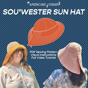 Könnte beinhalten: Eine digitale Grafik mit einer Illustration eines Sou'wester-Sonnenhuts in Orange mit weißen Nahtdetails. Der Text lautet WRONGSIDE STUDIOS, SOU'WESTER SUN HAT, PDF Sewing Pattern, Visual Instructions und Full Video Tutorial.