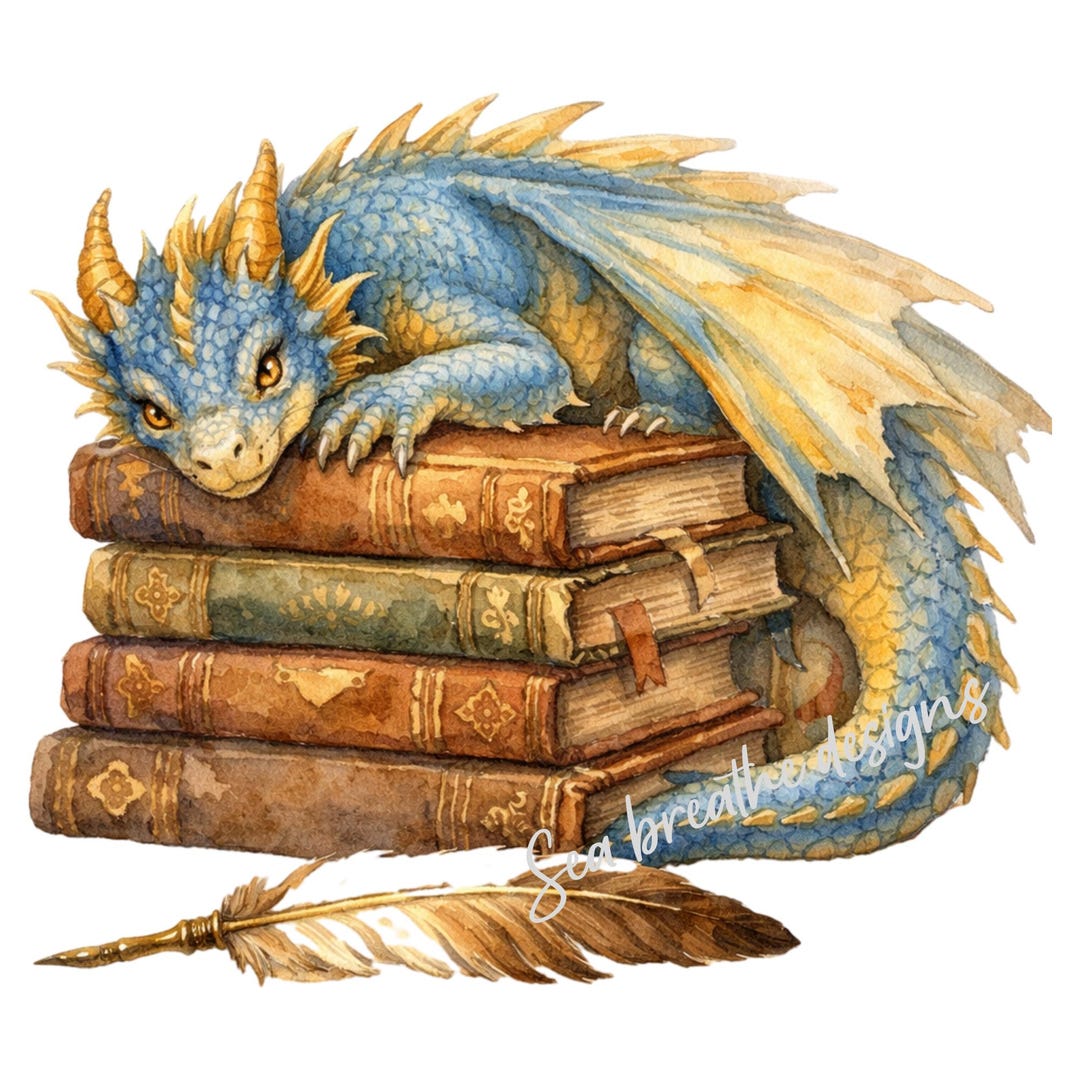 Whimsical Baby Dragon on Books Clipart, Fantasy PNG Bundle (digital ...