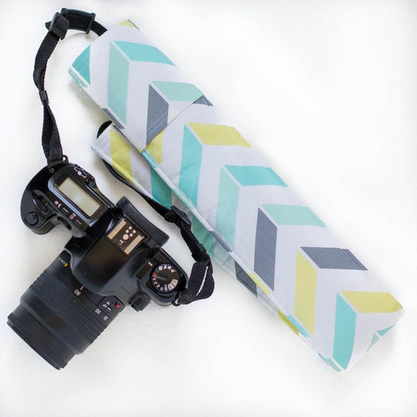 DSLR camera strap cover with lens cap pocket.  aqua/yellow/gray herringbone.