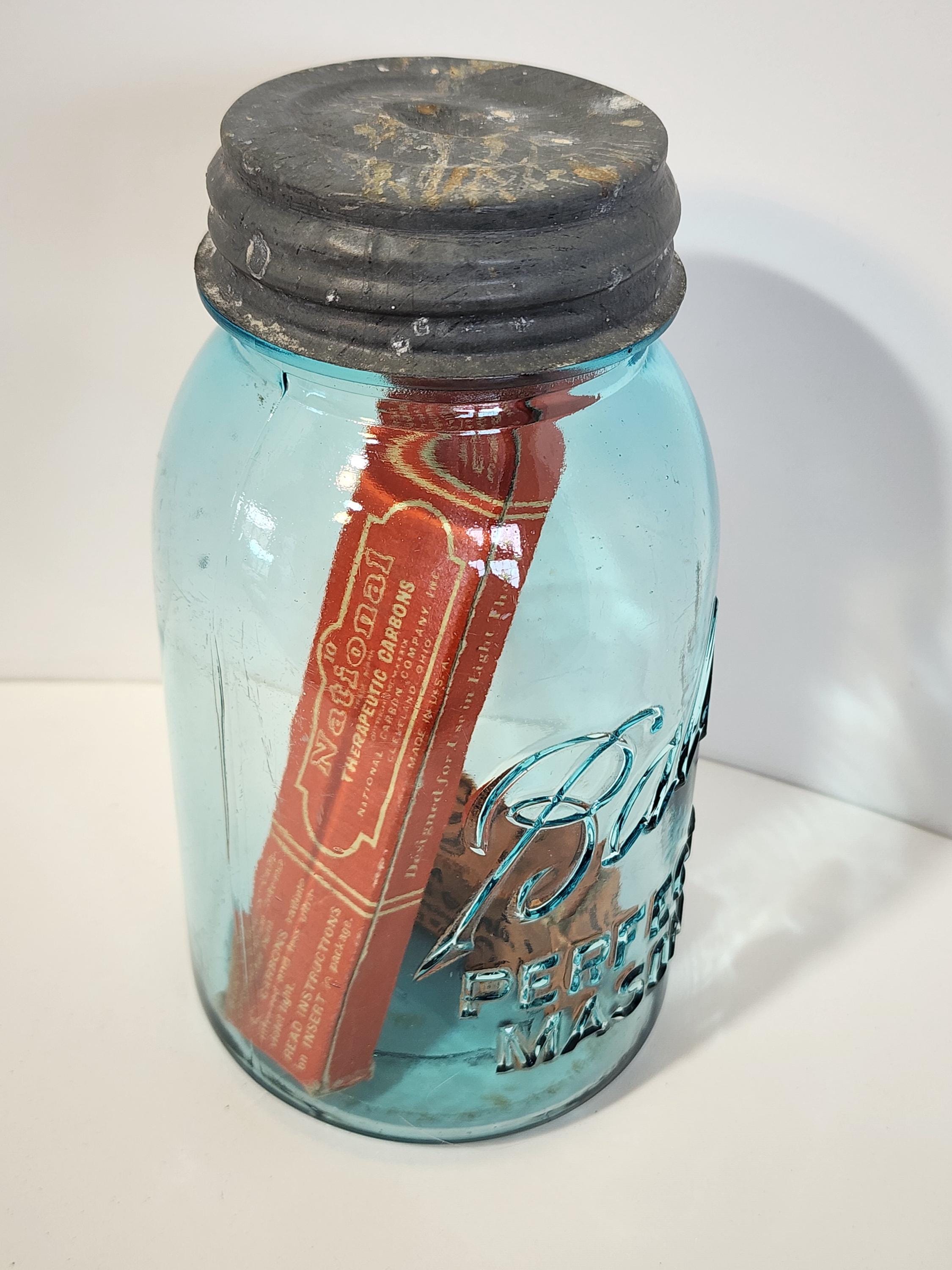 Antique Aqua Ball Mason Jar – Early 1900s Embossed Glass With Zinc