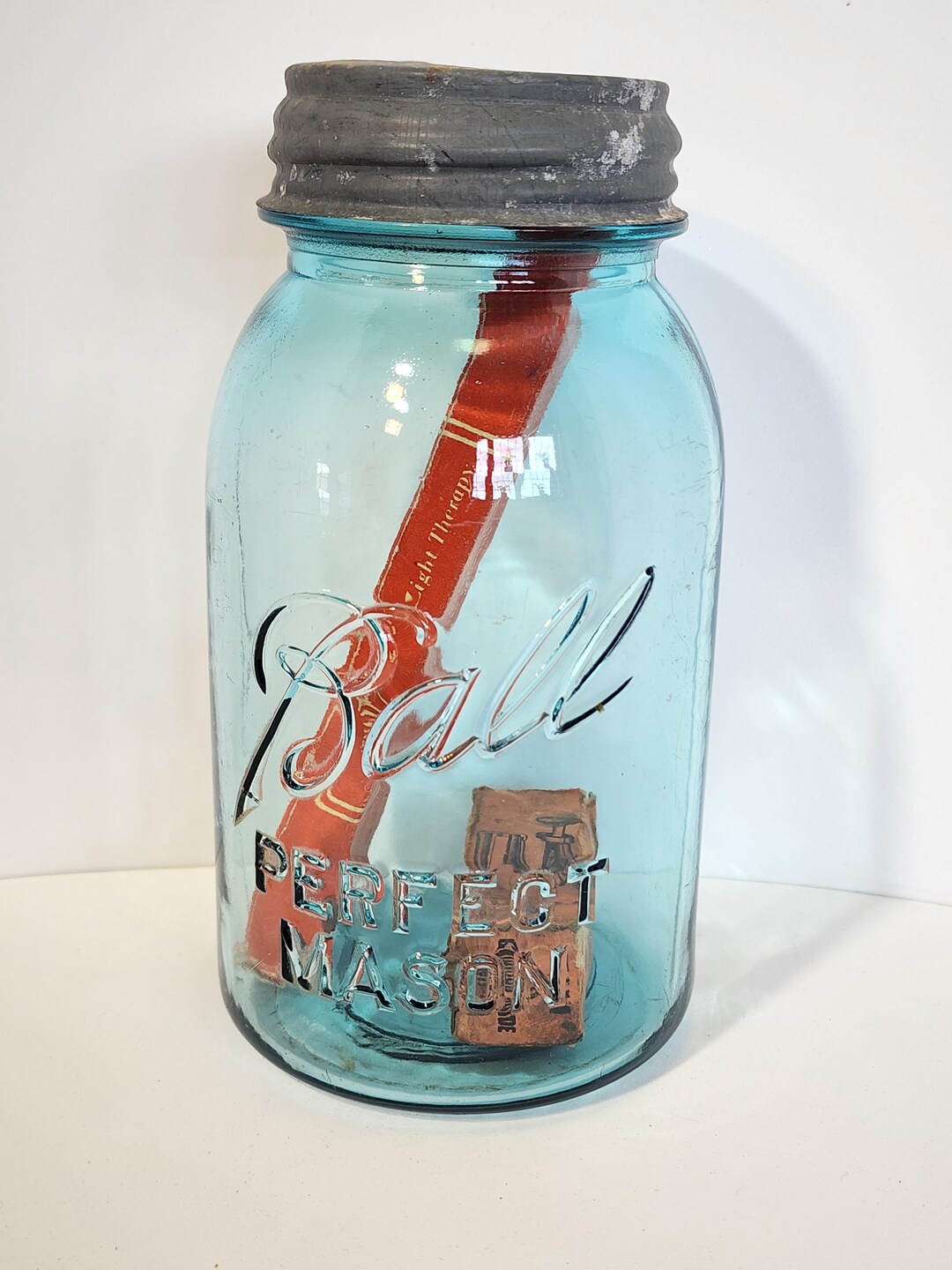 Antique Aqua Ball Mason Jar – Early 1900s Embossed Glass With Zinc