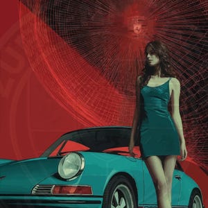 May include: An artistic rendering of a teal sports car with a woman in a teal dress. The background features a red design and a Porsche logo. The car has a classic design with a round headlight.
