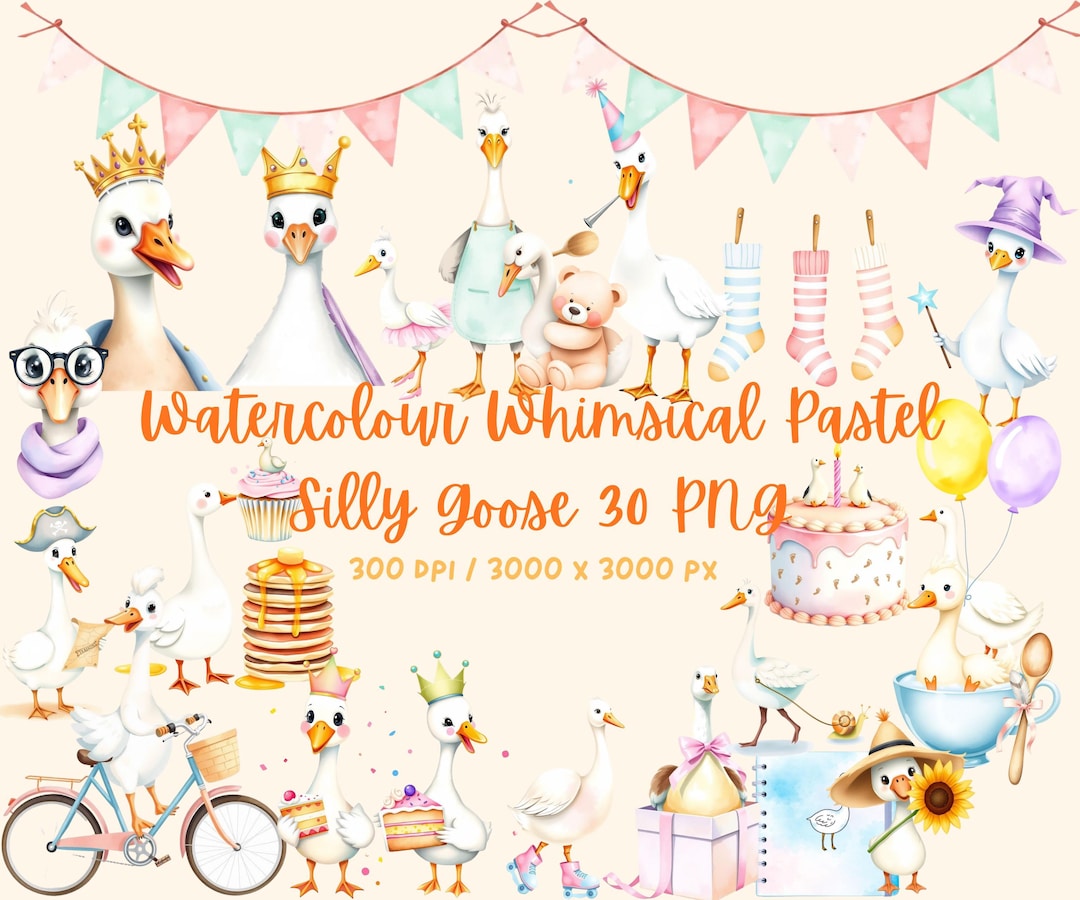 Pastel Goose Clipart Bundle, Watercolor Silly Goose PNG (digital ...