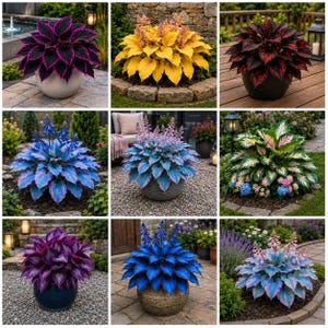May include: A collection of nine distinct potted plants featuring vibrant foliage in shades of purple, yellow, red, blue, and variegated green, each displaying unique leaf patterns and upright flower spikes arranged in a grid layout.
