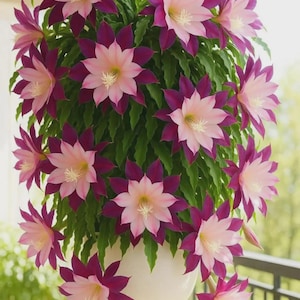 Puede incluir: Una cesta colgante rebosante de flores vibrantes. Las flores presentan un llamativo contraste de pétalos magenta oscuro que rodean un centro rosa suave. Un exuberante follaje verde proporciona un telón de fondo para las coloridas flores.