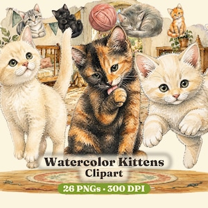 26 niedliche Kätzchen-Cliparts (PNG, Aquarell), Wollknäuel, Spielzeugmäuse, Untertassen, Kissen, Kartons, Wanddeko fürs Kinderzimmer, kommerzielle Nutzung