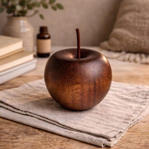 Op de afbeelding: Een houten appelsculptuur in donkerbruin met een steel, op een beige linnen servet. De achtergrond omvat een vaas met groen, een kleine bruine fles en een stapel boeken. Een decoratief object.