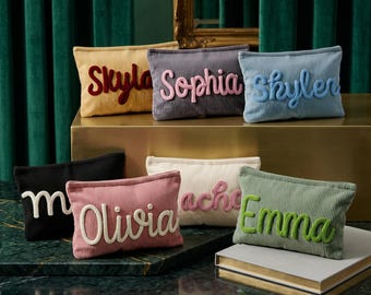 Personalized Makeup Bag for Teen Girls Custom Name Corduroy Pouch Birthday Gift for Tween Chenille Letter Toiletry Bag