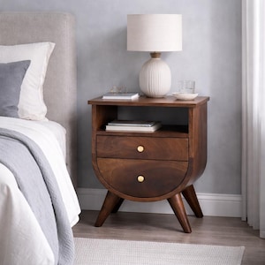 Nachttisch mit 2 Schubladen und Ablage – Mangoholz Massivholz, Chestnut-Finish