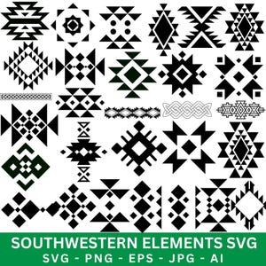 May include: A collection of black and white Southwestern-style geometric designs. The image includes various shapes like diamonds, triangles, and squares, arranged in intricate patterns. The text "SOUTHWESTERN ELEMENTS SVG" is at the bottom, along with file type options.