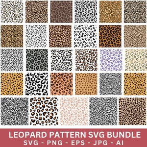 Puede incluir: Una colección de patrones de estampado de leopardo en varios colores y estilos. Los patrones incluyen manchas clásicas marrones y negras, así como variaciones de color únicas. La imagen incluye el texto "LEOPARD PATTERN SVG BUNDLE SVG - PNG - EPS - JPG - AI".