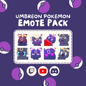 Può includere: Uno sfondo viola con il testo "Umbreon Pokemon Emote Pack" sopra una griglia di otto emote di personaggi Umbreon. Le emote presentano varie espressioni. Le Poké Ball viola e bianche sono sparse per l'immagine, insieme alle icone dei social media.