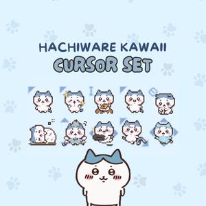 May include: A light blue background with paw prints features the text "HACHWARE KAWAII CURSOR SET." Below the text are pixelated images of white cats with blue accents in various poses, designed as computer cursors.