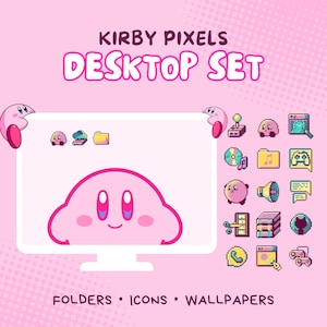 May include: Pink desktop set featuring Kirby pixel art. The set includes a computer monitor with a smiling Kirby face, icons, folders, and wallpapers. The text reads "Kirby Pixels Desktop Set" and "Folders • Icons • Wallpapers".