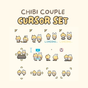 May include: A collection of pixel art cursors featuring a chibi couple. The cursors include various poses and actions, such as loading and interaction symbols. The text "CHIBI COUPLE CURSOR SET" is displayed at the top.