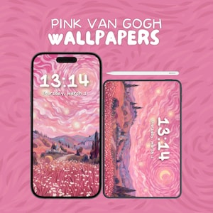 Fonds d'écran Van Gogh Rose Aesthetic Nuit Étoilée et Village : Art Floral Paysage Peinture pour Ordinateur Tablette Smartphone et Téléphone