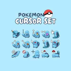 May include: A light blue graphic featuring a "Pokemon Cursor Set" with various cursor icons. The cursors are designed as the Pokemon character Quagsire, holding items like a pencil, arrows, and a question mark. A Pokeball is also included.