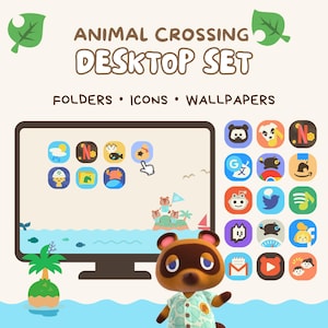 Peut inclure: Graphique d'un ensemble de bureau Animal Crossing avec le texte "Animal Crossing Desktop Set" et les mots "Folders, Icons, Wallpapers". L'image montre un écran d'ordinateur avec des icônes thématiques et un personnage du jeu.