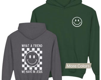 What a Friend We Have in JESUS Youth Hoodie | Retro Checkered Smiley Faith Kids