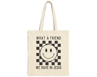 What a Friend We Have in Jesus checkered smiley face Tote Bag | Bible verse tote