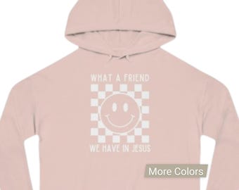 What A Friend We Have In Jesus Cropped Adult Hoodie | Christian Faith Smiley Graphic