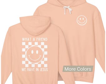 What a Friend We Have in Jesus Checkered Smiley Adult Hoodie | Bright Faith Sweatshirt