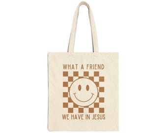 What a Friend We Have in JESUS Checkered Smiley Tote Bag | Bible Book Bag