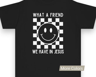 Youth What a Friend We Have in Jesus smiley checkerboard Tee | Christian youth shirt