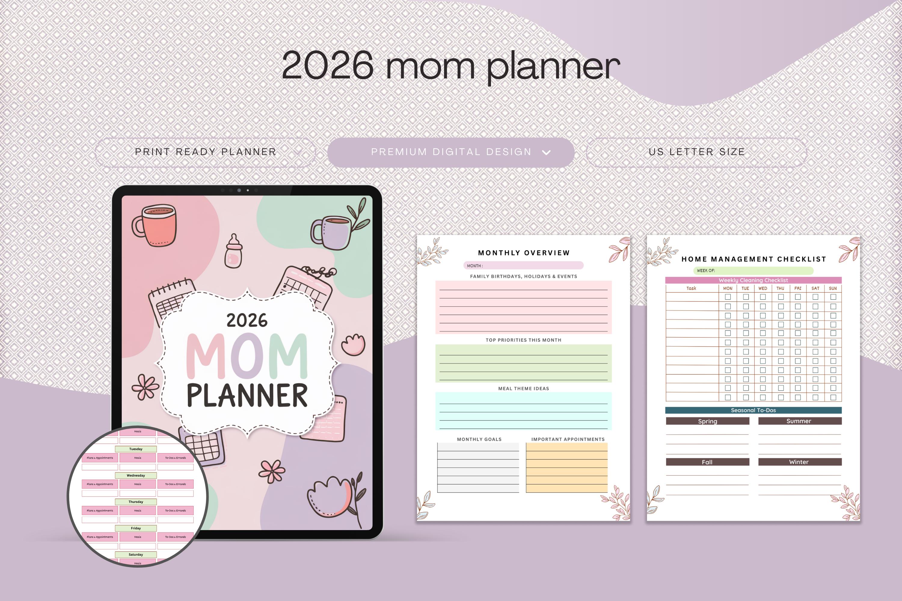 2026 Mom Planner Printable Family Organizer Weekly Monthly Calendar ...