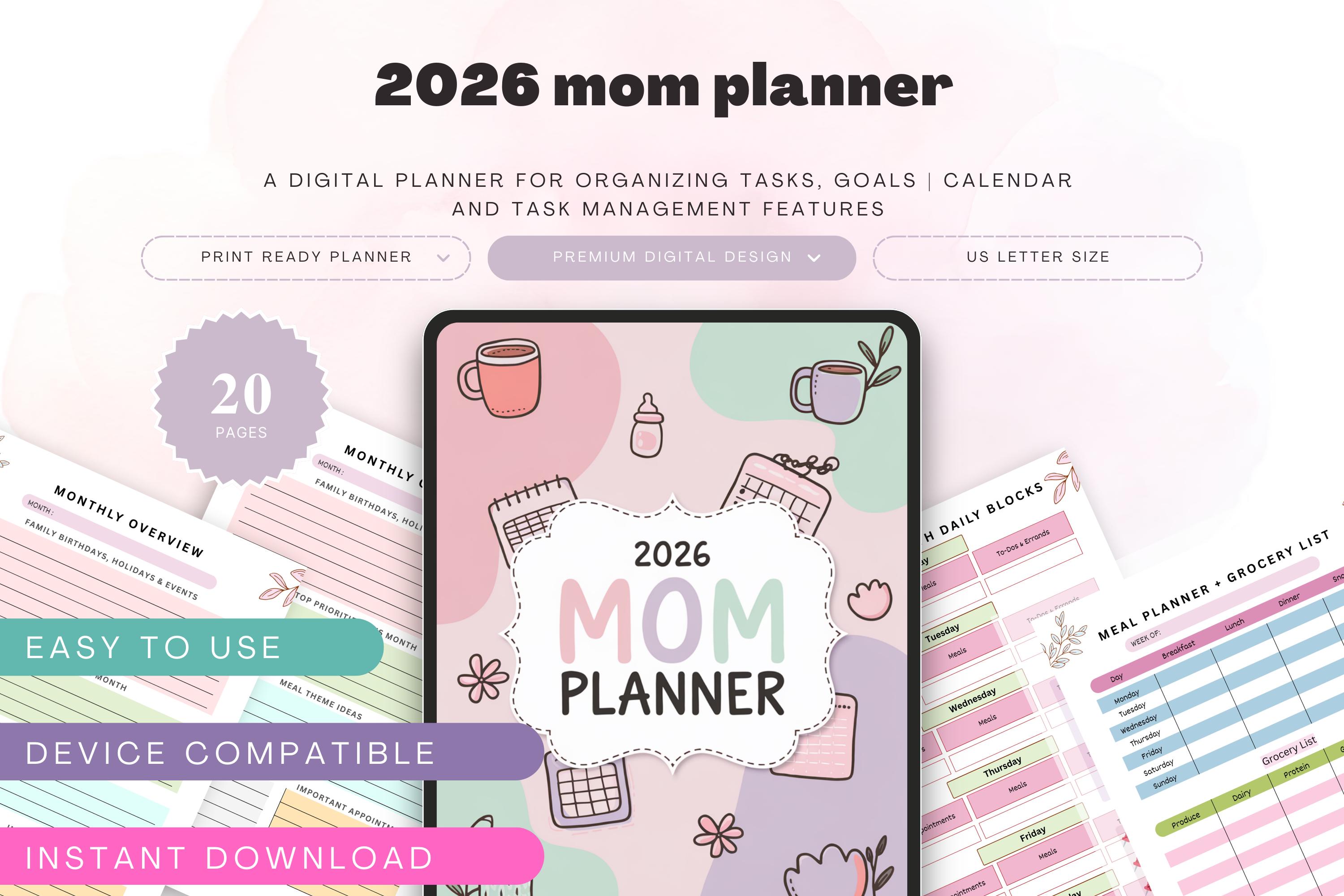 2026 Mom Planner Printable Family Organizer Weekly Monthly Calendar ...