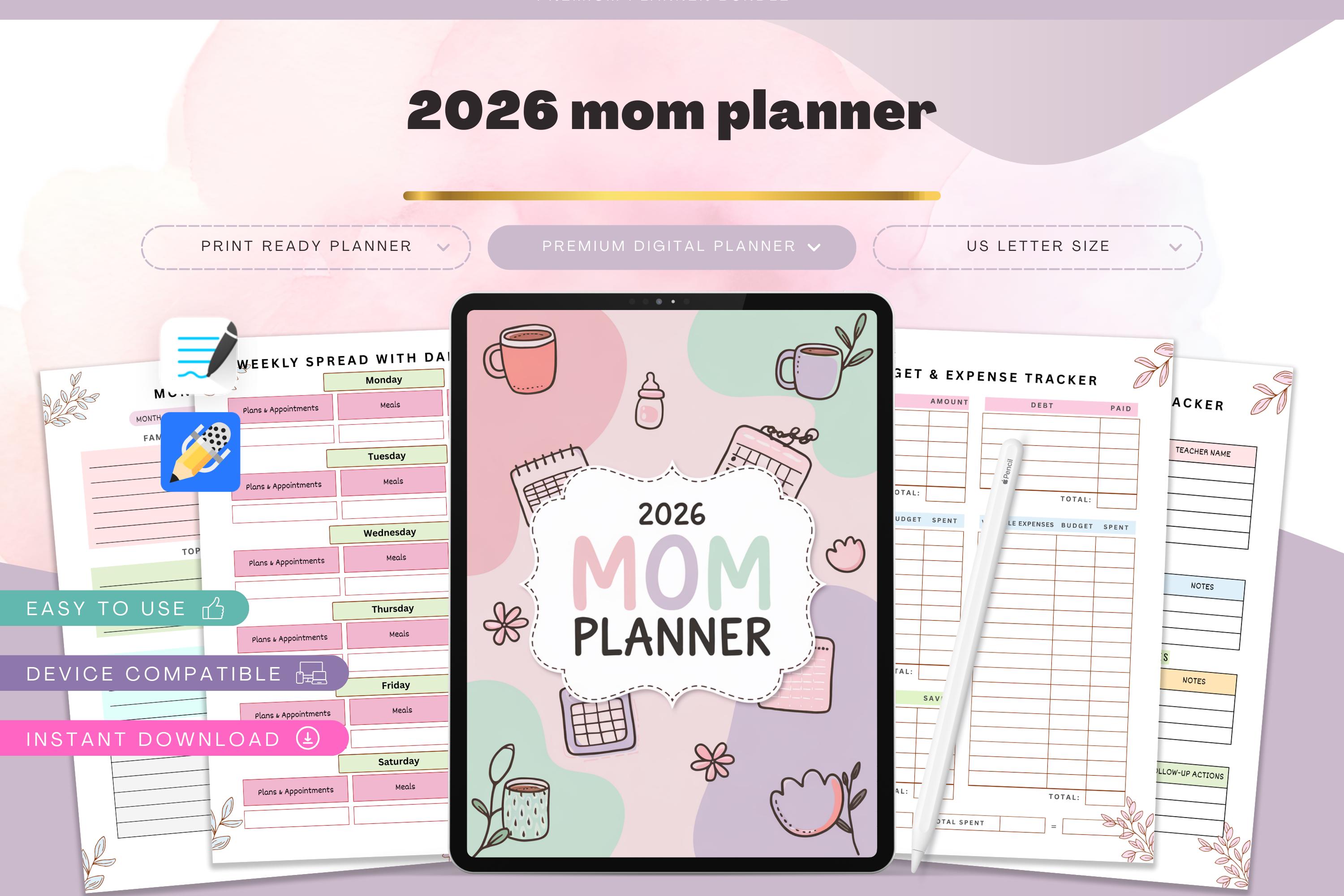 2026 Mom Planner Printable Family Organizer Weekly Monthly Calendar ...