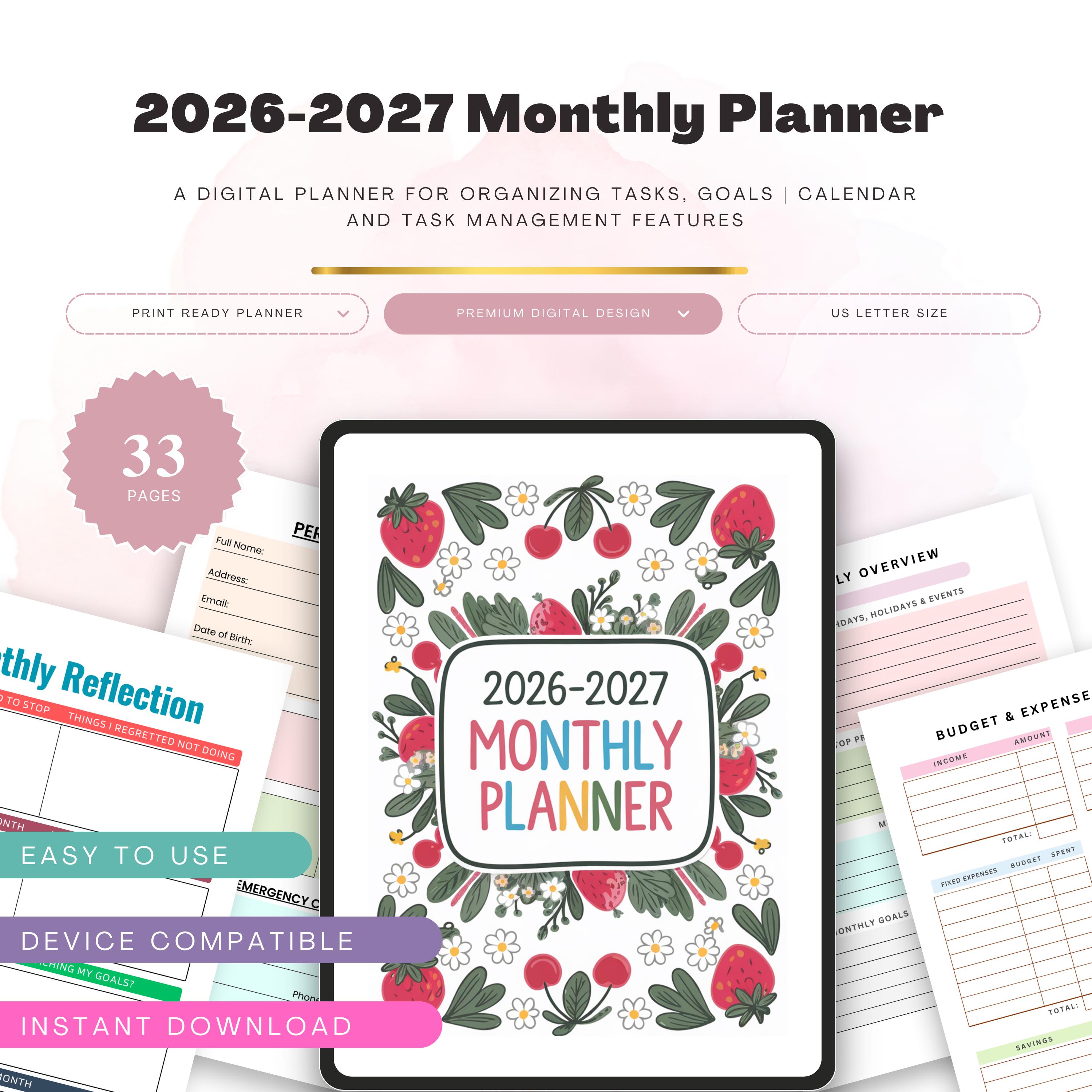 2026-2027 Monthly Planner Printable Yearly Organizer Calendar Goal