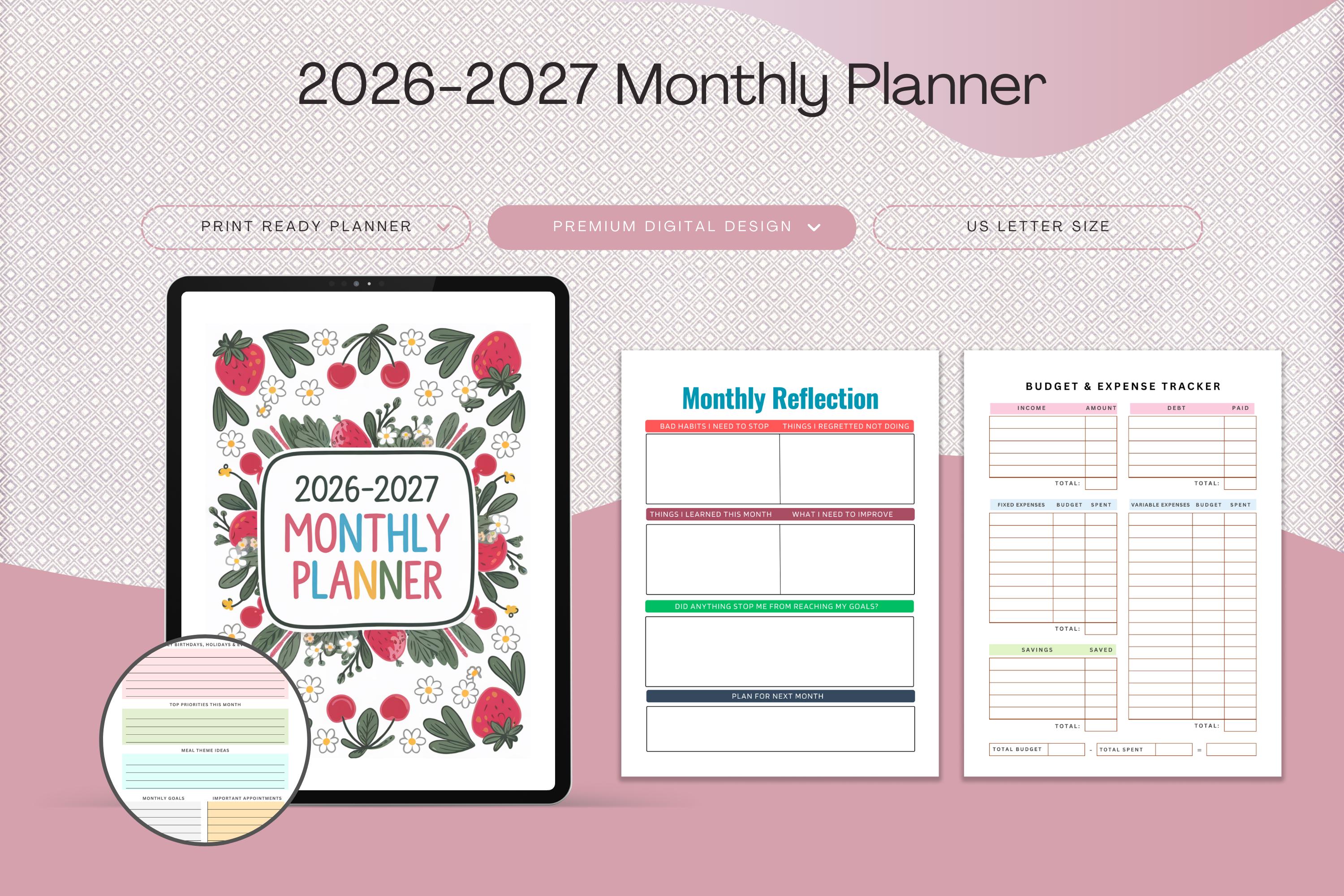 2026-2027 Monthly Planner Printable Yearly Organizer Calendar Goal