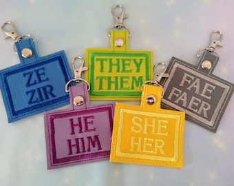 Embroidered Pronoun Keyrings, Choose Your Colour