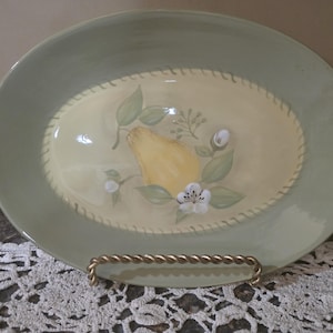Pfaltzgraff Aurora Oval Serving Platter - 14" Large Ceramic Platter - Green & Yellow Pear Design - Retired Pattern