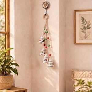 Handgefertigte Keramikglocke als Wandbehang | Boho-Perlen-Makramee-Dekoration