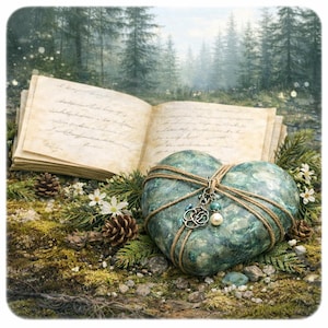 Peut inclure: Un cœur en pierre vert-bleu, lié avec de la ficelle et un charme, entouré de verdure, de pommes de pin et d'un livre ouvert. Le fond est une scène de forêt brumeuse, créant une ambiance naturelle et romantique.