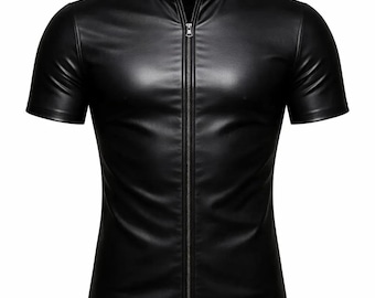 Short Sleeve Genuine Leather Shirt for Classic Black Biker Wear